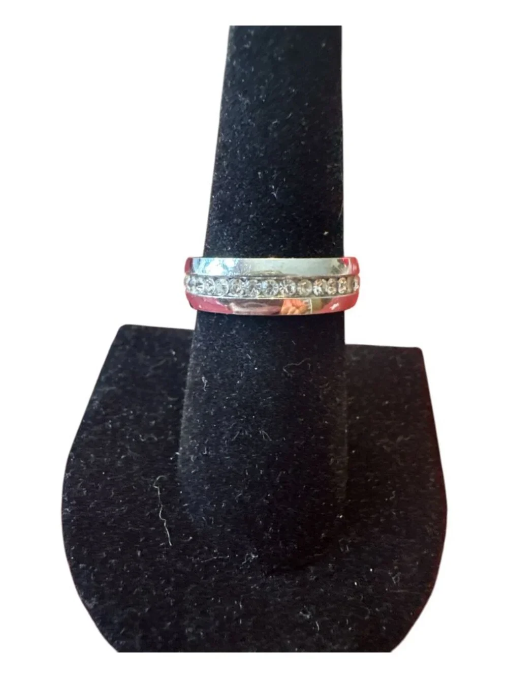Silver-Tone Band Ring With Clear Rhinestones & Textured Red Accents